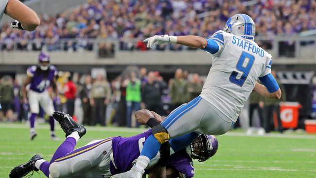 The Vikings’ Danielle Hunter sacks Detroits’ Matthew Stafford. Picture: AFP