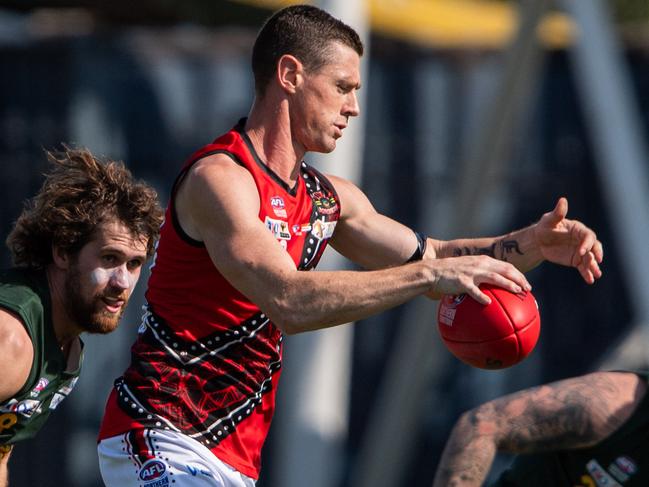 Sam Darley playing in the St Mary's vs Tiwi Bombers match in Round 6 of the 2024-25 NTFL season. Picture: Pema Tamang Pakhrin