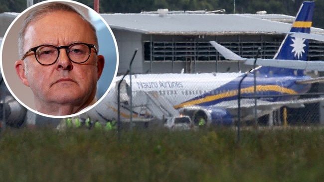 A Nauru Airlines plane at Amberley base in Queensland carries people who arrived by boat in WA. Inset: Anthony Albanese on Sunday. Picture: Liam Kidston/AAP