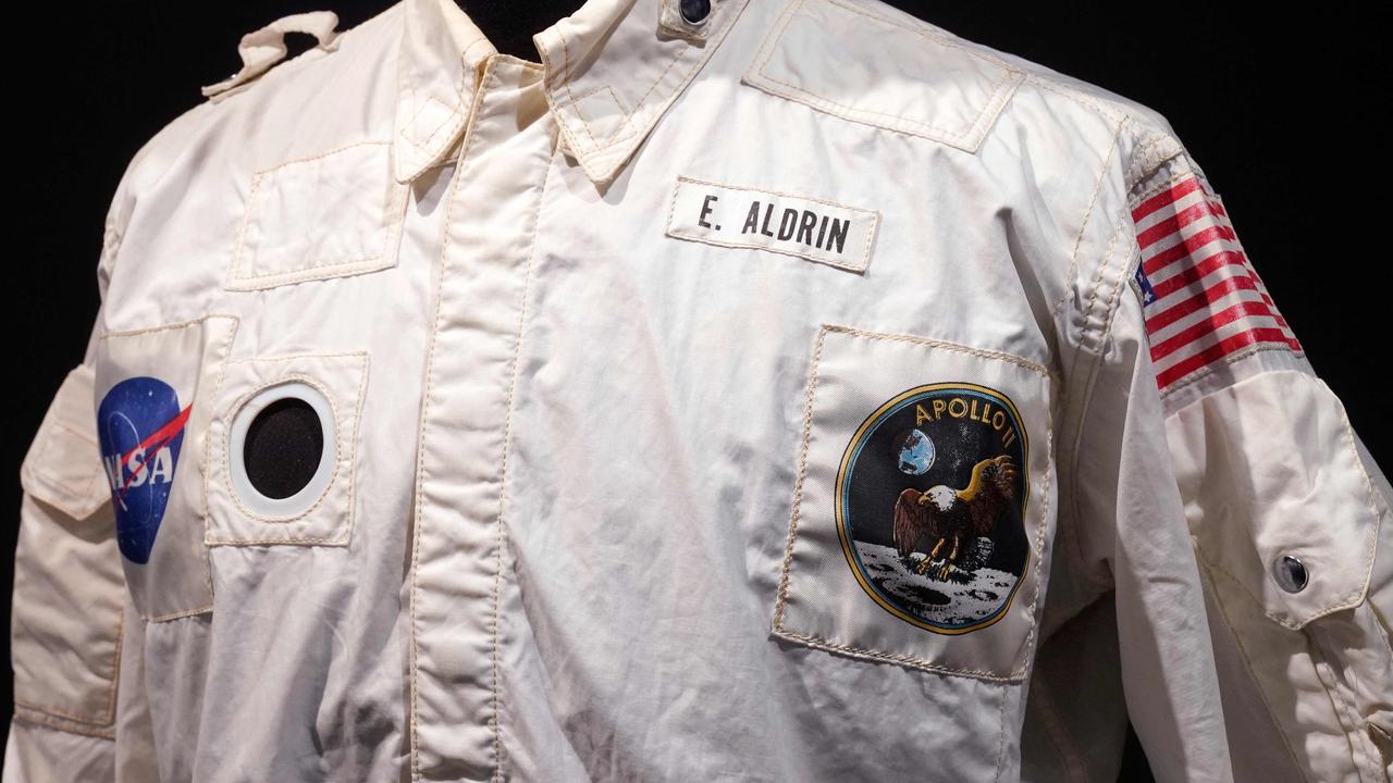 The in-flight coverall jacket that Buzz Aldrin wore to and from the moon on the 1969 Apollo 11 mission was sold at auction for almost $4 million. Picture: AFP