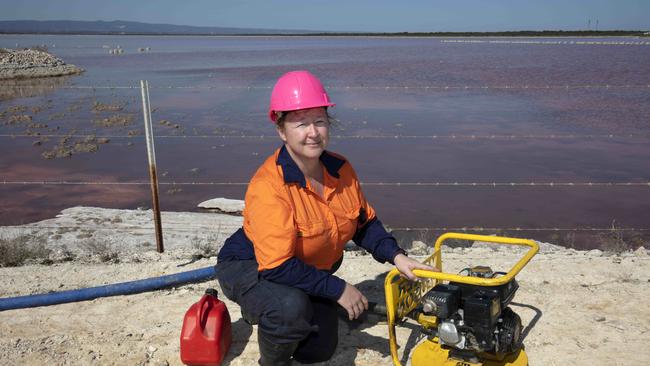 Independent scientist Faith Coleman, Founding Partner of EcoProTem, has hired equipment to pump hypersaline water out of the leaky pond. Picture: Emma Brasier