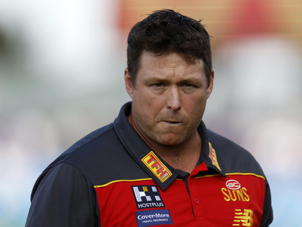Gold Coast coach Stuart Dew has urged the Suns to ‘hit’ the Kangaroos with everything they have. Picture: Jonathan DiMaggio/AFL Photos/via Getty Images