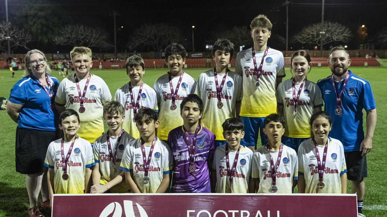 USQ FC are grand final runners-up after being beaten by Rockville Rovers White in Football Queensland Darling Downs Community Juniors U13 Div 1 Maroon at Clive Berghofer Stadium, Friday, August 30, 2024. Picture: Kevin Farmer