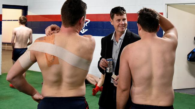 Berri Football Club president Brenton Fenwick with players in the rooms after the A Grade match against Loxton. Picture: BERNARD HUMPHREYS