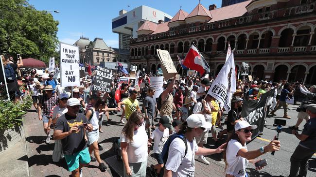 The Freedom Rally in the Brisbane CBD on Saturday. Picture: Annette Dew