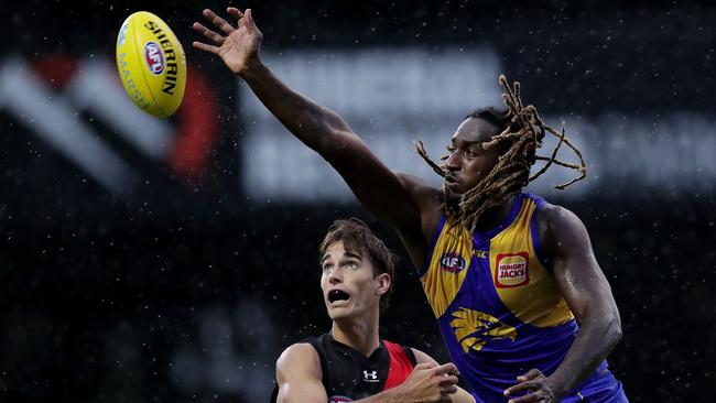 Brynn Teakle rucks against Nic Naitanui during the opening round of the 2020 Marsh Series. Picture: Will Russell/AFL Photos via Getty Images