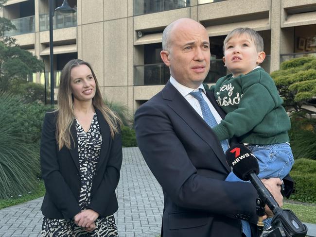 NSW Liberal Matt Kean MP, with son Tom and partner Wendy Paterson, announcing he will retire from politics to pursue a job in the private sector. Picture: James O’Doherty