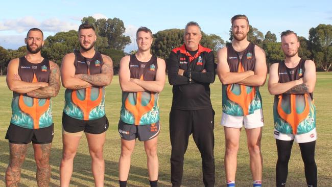 Keilor Park's leadership group for 2021 EDFL season: (From left) Matt Brown, Luke Furci, Adam Harris, coach Paul Guicas, captain Daylan Kempster and Riley Bentley. Picture: Shannon Rogers