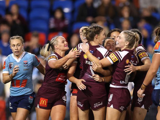 The Maroons celebrate after winning Women’s State of Origin game three. Picture: Getty Images