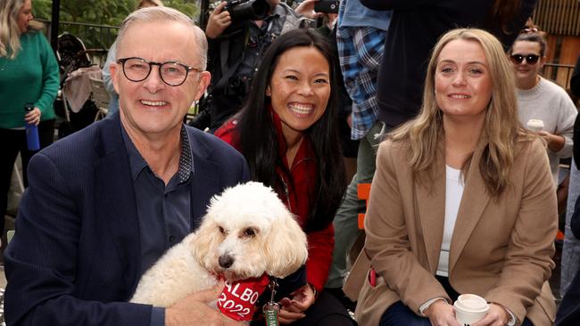 Mr Albanese, Sally Sitou and partner Jodie Haydon, with dog Toto, after last year’s federal election. Picture: Chris Pavlich