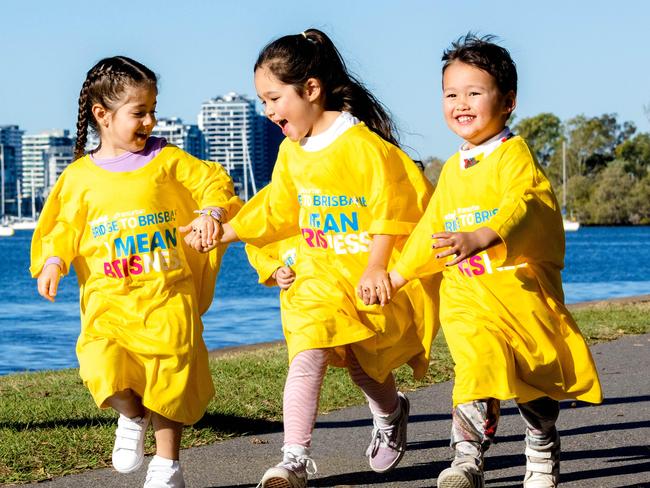 Mary Kalligeros, Lux Tynan and Charlie Tynan at Newstead to launch Bridge to Brisbane 2023. Picture: Richard Walker