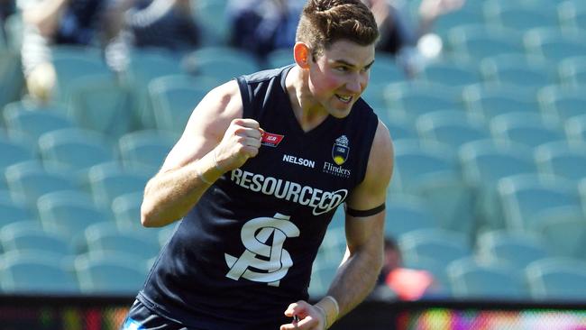 11/09/16 - SANFL: First semi-final at Adelaide Oval. Adelaide Crows vs South Adelaide. Souths Brett Eddy celebrates kicking a goal. Photo Tom Huntley