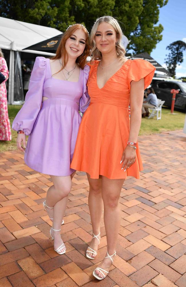 Maddi Sourris and Holly Scarborough at Weetwood race day, Clifford Park. Picture: Patrick Woods.