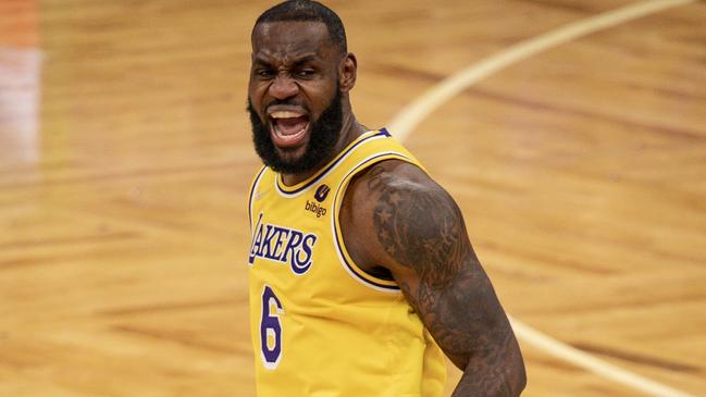 BOSTON, MASSACHUSETTS - NOVEMBER 19: LeBron James #6 of the Los Angeles Lakers reacts during the fourth quarter against the Boston Celtics at TD Garden on November 19, 2021 in Boston, Massachusetts. NOTE TO USER: User expressly acknowledges and agrees that, by downloading and or using this photograph, User is consenting to the terms and conditions of the Getty Images License Agreement. (Photo by Maddie Malhotra/Getty Images)