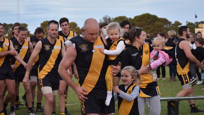 Kimba’s Joel Fitzgerald with his family – eldest daughter Millie, wife Nicole and Sophie and Oakley – after kicking his 1000th goal in 2019. Picture: Felicity Chinnery