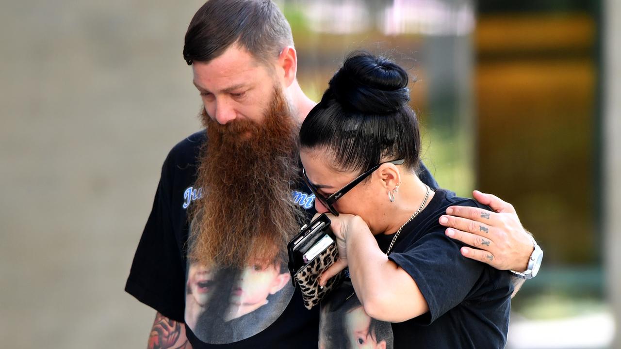 Shane Burke and Kerri-Ann Goodwin, parents of 18-month-old Hemi Burke, are seen outside the Brisbane Supreme Court in Brisbane, Tuesday, April 9, 2019. The Queensland Court of Appeal have rejected an appeal by the Attorney-General in the sentence of Matthew James Ireland after he pleaded guilty to assaulting a three-year-old girl in 2015. (AAP Image/Darren England) NO ARCHIVING