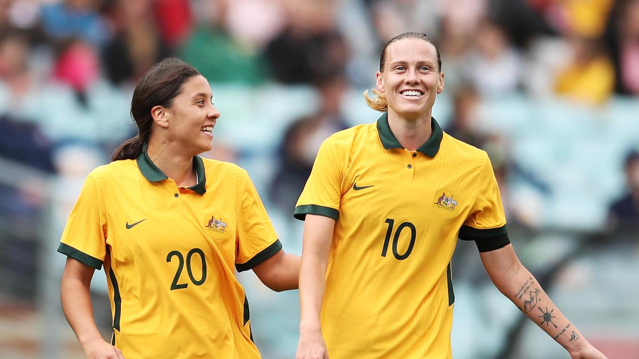 Sam Kerr (L) and Emily Van Egmond (R) of the Matildas. Photo by Matt King/Getty Images.