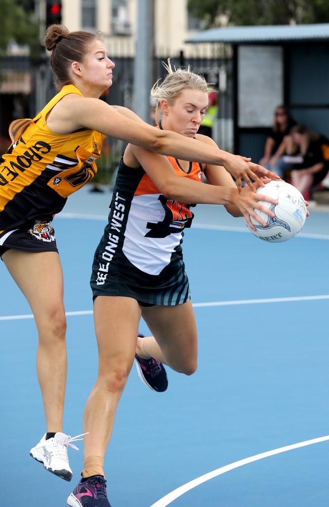 Geelong West's Alahria Smith and Grovedale's Alice Layton. Picture: Mike Dugdale