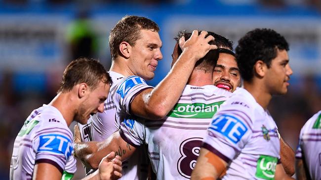 TOWNSVILLE, AUSTRALIA — MARCH 18: Brenton Lawrence (#8) of the Sea Eagles celebrates after scoring a try during the round three NRL match between the North Queensland Cowboys and the Manly Sea Eagles at 1300 SMILES Stadium on March 18, 2017 in Townsville, Australia. (Photo by Ian Hitchcock/Getty Images)