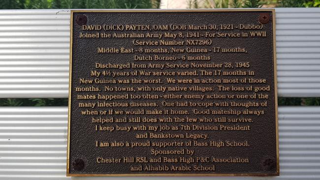 The plaque honouring WWII veteran Dick Payten at Bass High School.