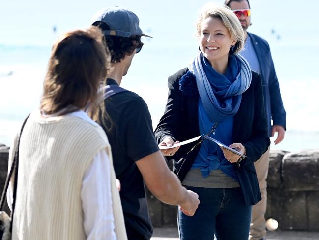 Katherine Deves hands out campaign leaflets at Manly Beach on Saturday. Picture: NCA NewsWire/Jeremy Piper