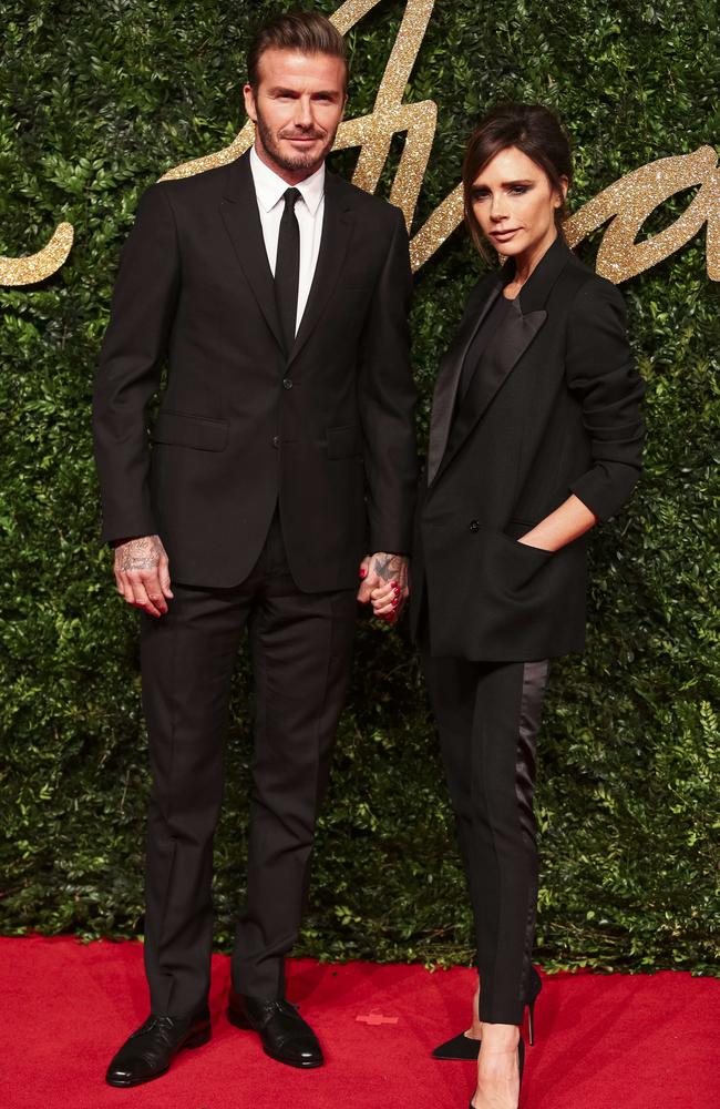 David and Victoria Beckham attend the British Fashion Awards 2015 at London Coliseum on November 23, 2015 in London, England. Picture: AFP