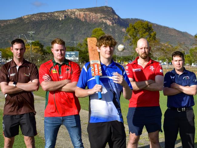 Representatives of Townsville Cricket's five 2024/25 clubs ahead of the season launch. Pictured: Grant Dilger (Wanderers), Dan Gartrell (Suburban Parks), Josh Neilson (Western Suburbs), Matthew Grant (Norths) and Chris Horn (Brothers). Picture: Antony Stewart / Queensland Cricket