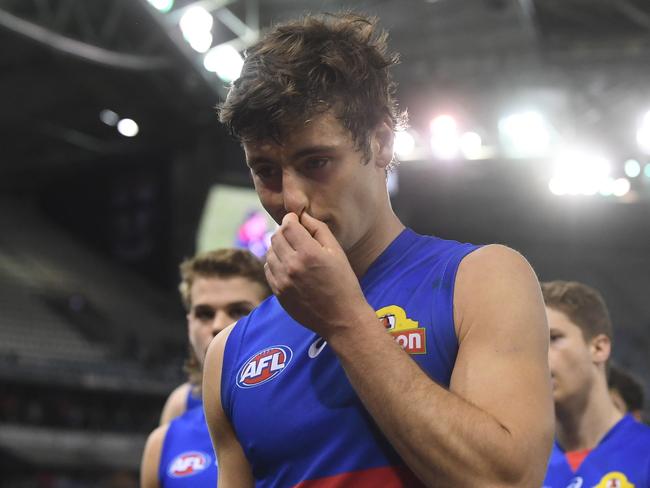 Josh Dunkley of the Bulldogs reacts after the Round 18 AFL match between the Round 18 AFL match between the St Kilda Saints and the Western Bulldogs at Marvel Stadium in Melbourne, Sunday, July 21, 2019. (AAP Image/Julian Smith) NO ARCHIVING, EDITORIAL USE ONLY