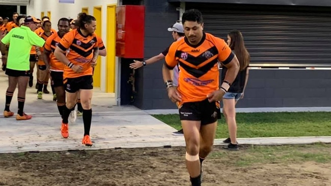 Fabien Tauli and Shaun Nona lead the Tully Tigers out of the new grandstand at Tully Showgrounds for the first time in Saturday’s Lightning Challenge clash against Cairns Brothers. PICTURE: Tully Tigers Rugby League Football Club Facebook page