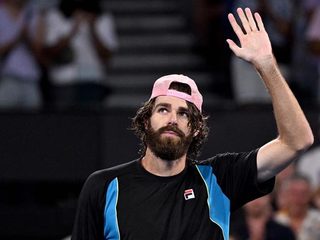 USA's Reilly Opelka celebrates winning his men's singles semi-final match against France's Giovanni Mpetshi Perricard at the Brisbane International tennis tournament in Brisbane on January 4, 2025. (Photo by William WEST / AFP) / -- IMAGE RESTRICTED TO EDITORIAL USE - STRICTLY NO COMMERCIAL USE --