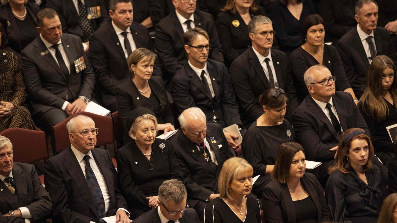 Former Prime Ministers, Paul Keating, John Howard and Scott Morrison. Prime Minister Anthony Albanese with the Opposition Leader Peter Dutton and the Governor-General David Hurley, attended the national memorial service at Australian Parliament House, in Canberra. Picture: NCA NewsWire / Gary Ramage