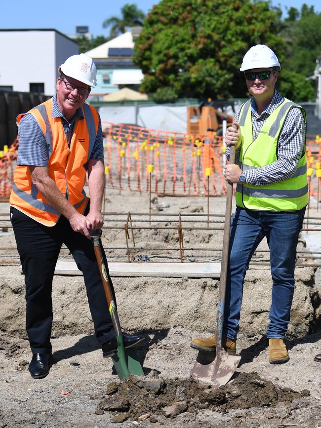 Rockhampton MP Barry ORourke and Paynters Project Manager Craig Hornagold turn the sod at the Campbell Street project.