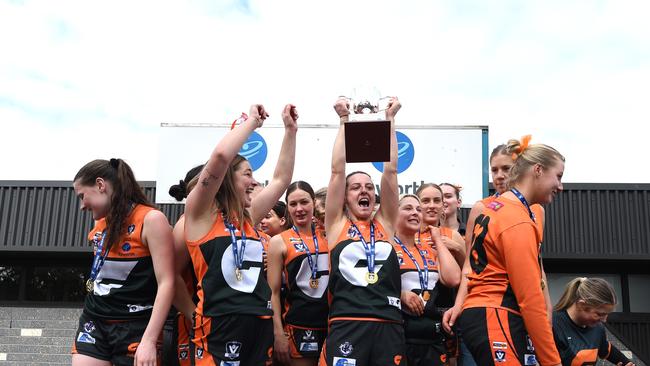 Women's Grand Final Div 2 Geelong West. V Thomson. Geelong West Giants Players celebrate after winer the Grand Final.