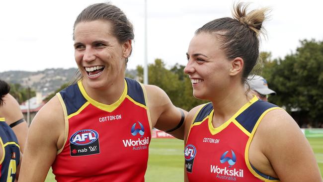 Adelaide captain Chelsea Randall, left, and Ebony Marinoff. Picture: Sarah Reed