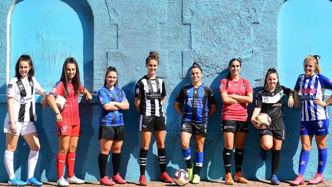 Women’s NPL players Mikayla Vidmar (Adelaide City), Stella Dracopoulos (FSA NTC), Christine Skrembos (Comets), Caitlin Le Roux (Fulham United), Maria Jose Rojas (Salisbury Inter), Talia Bilardo (Metro United), Georgia Pannella (Adelaide Uni) and Lara Kirkby (West Adelaide) at Hindmarsh. Picture: Mark Brake