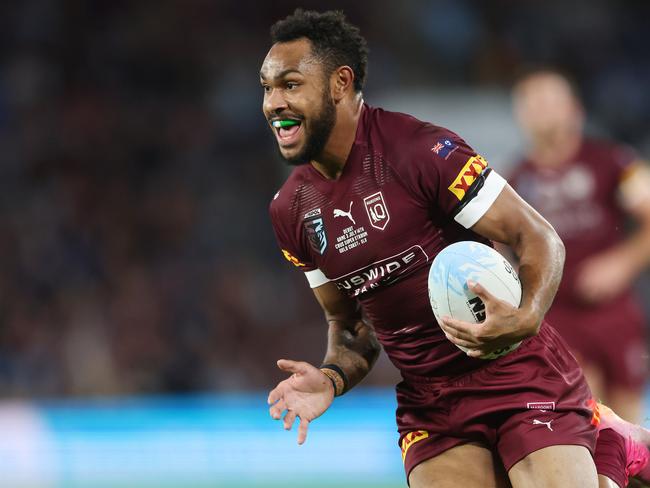 QLDÃ&#149;s Hamiso Tabuai-Fidow scores. Queensland vs New South Wales at CBUS Stadium on the Gold Coast. Pic Peter Wallis