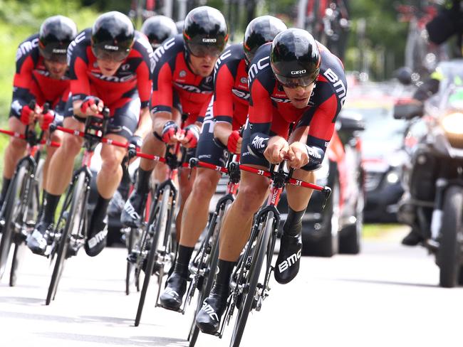 Danilo Wyss leads Team BMC in this action shot. Photo: Sarah Reed.