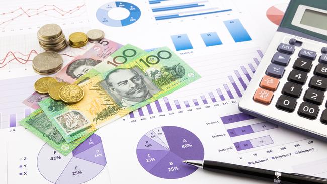 australia dollar currency on financial charts, expense cash flow summarizing and graphs background, concepts for saving money, budget management, stock exchange, investment and business income report; share dividends generic