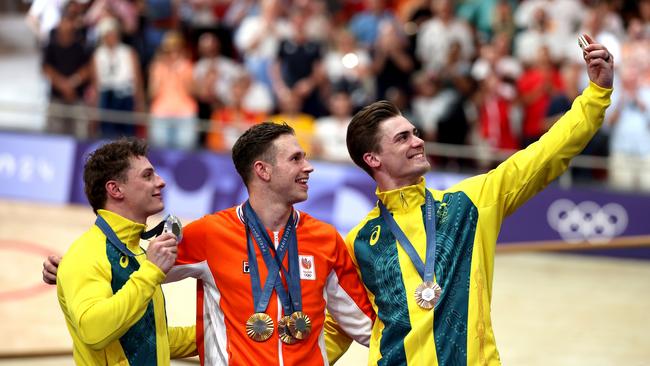 The medallists celebrate with a selfie. Picture: Jared C. Tilton/Getty Images