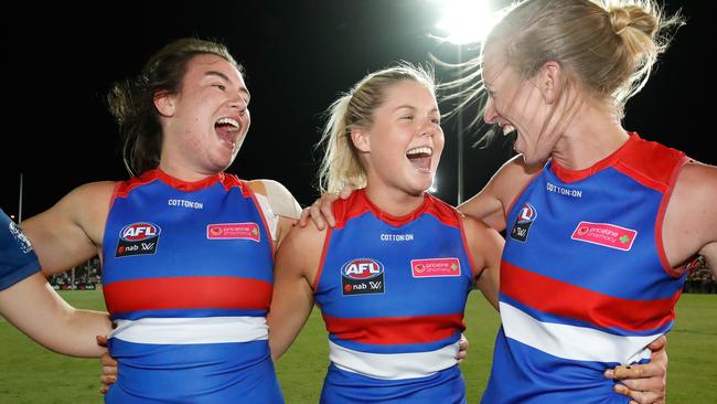 Toogood, left, in the Bulldogs’ victorious 2018 season. Picture: Getty Images