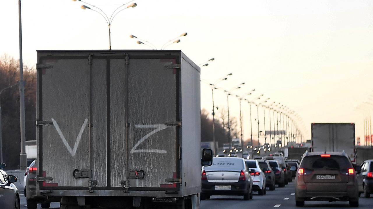 A truck with the ‘Z’ symbol drives on the Moscow Ring Road. Picture: AFP