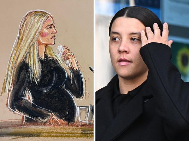 A court sketch of Kristie Mewis and Sam Kerr at Kingston Crown Court. Photo: MB Media and Getty, Leon Neal.