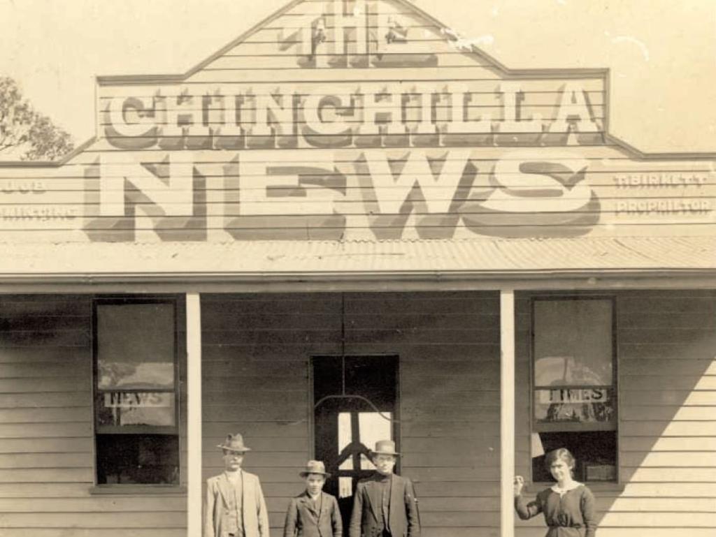 The original Chinchilla News building -The Chinchilla news-job printing-Thomas Birkett, proprietor.Left to right: W.O. Brie, Sydney Blanchard, D. Hoare, O Mackay (later Mrs Frank Mann) 1915.