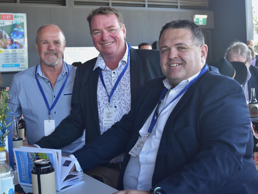 Shane Sargent, Michael Mutch and Justin Kerr at the Rockhampton Cup race meeting at Callaghan Park on July 13, 2024.