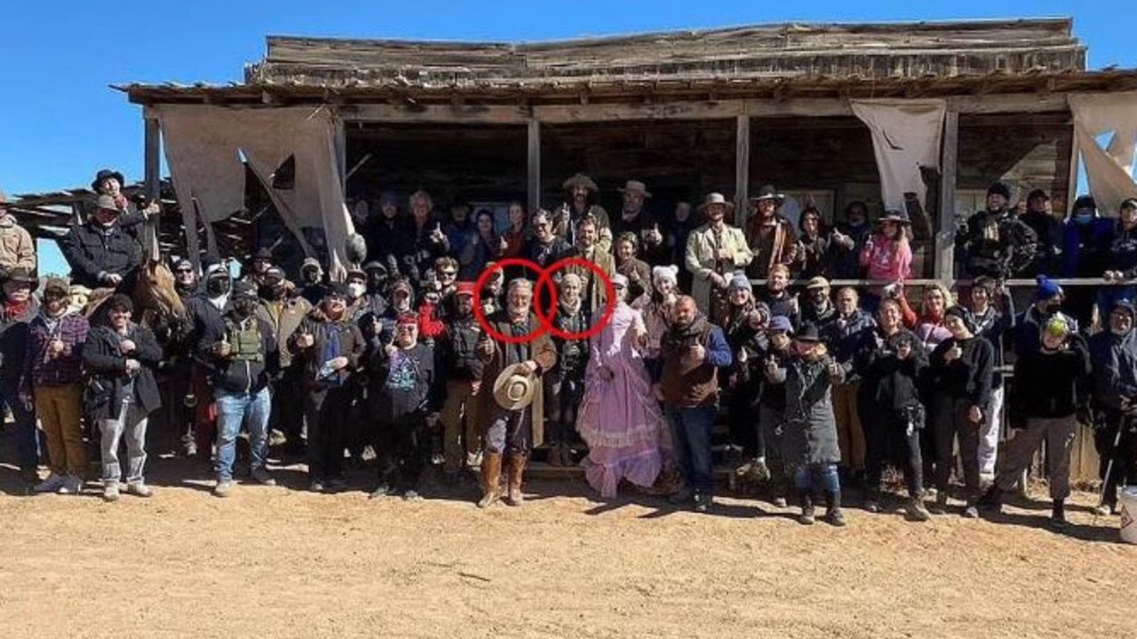 Alec Baldwin and Halyna Hutchins (circled) are pictured together on the set of Rust, in an image that she uploaded to Instagram. Picture: Supplied