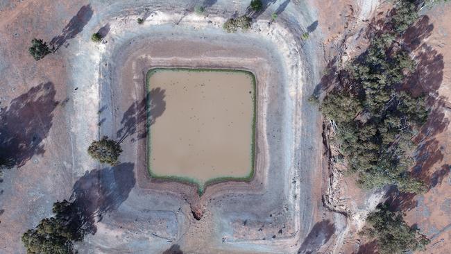 A drone photograph shows the low level of water in a dam on the O'Brien property. Picture: Sam Ruttyn