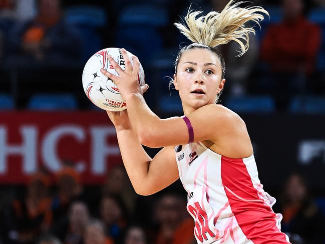 SYDNEY, AUSTRALIA - JUNE 15: Georgie Horjus of the Thunderbirds looks to pass during the round 10 Super Netball match between Giants Netball and Adelaide Thunderbirds at Ken Rosewall Arena, on June 15, 2024, in Sydney, Australia. (Photo by Jenny Evans/Getty Images)