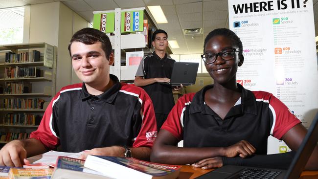 Students Ethan Cameirao, Nickolas Dakis and Gladys Anence at Casuarina Secondary S in 2019. Picture: Katrina Bridgeford.