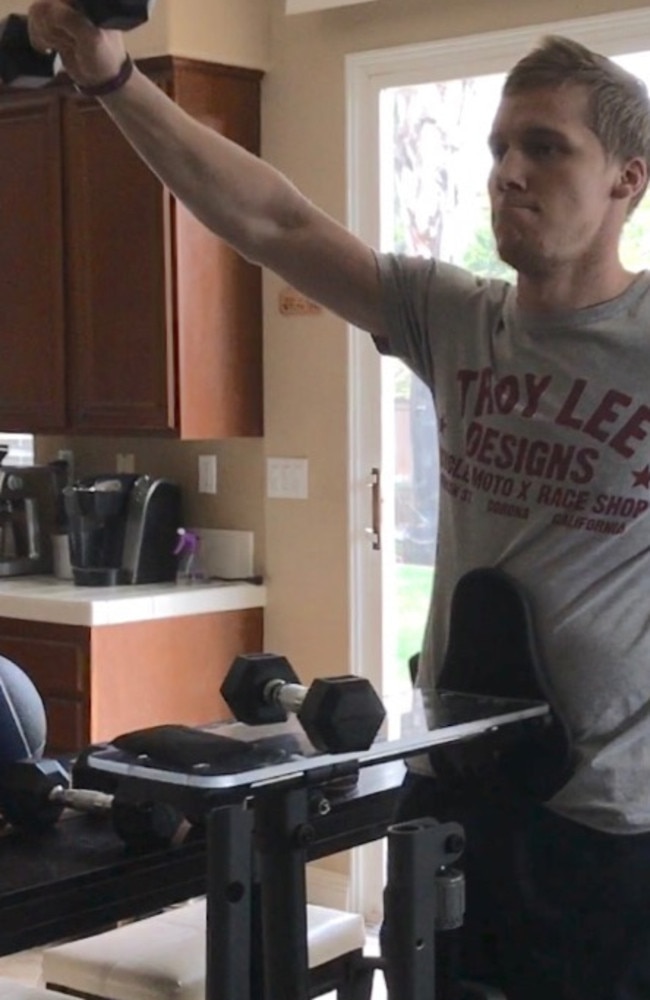 Rehabilitation continues for Willoughby who can now stand for three minutes, pedal a bike and crawl with weights around his ankles. Picture: Supplied.