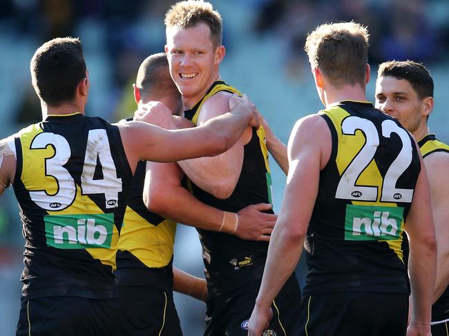 AFL Round 23. 25/08/2018.  Richmond vs Western Bulldogs at the MCG.  RichmondÕs Jack Riewoldt after kicking his 600th career goal     . Pic: Michael Klein